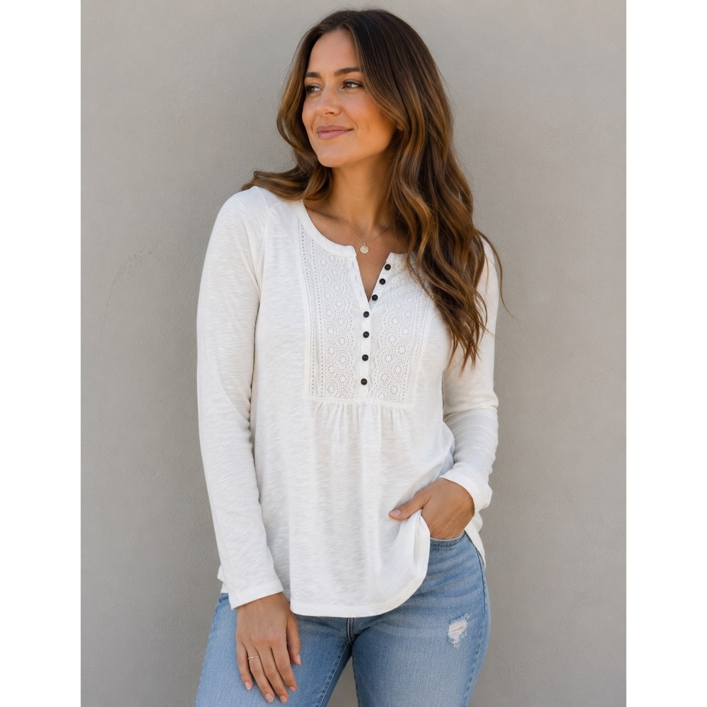 Eddie Bauer Lace Henley Tunic Top White Long Sleeve Size Small